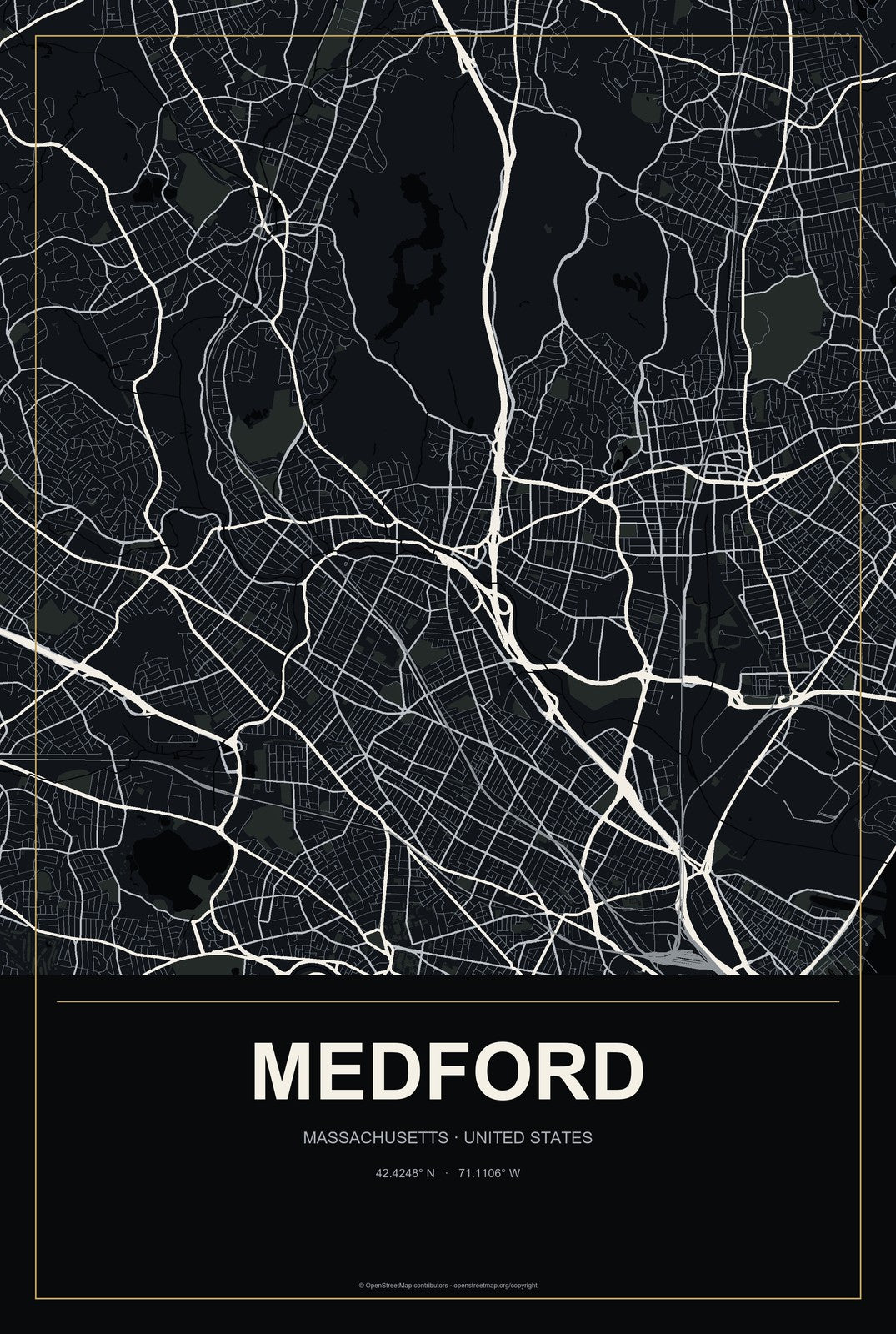 Medford, Massachusetts City Map Aluminum Sign in Metropolitan Noir style