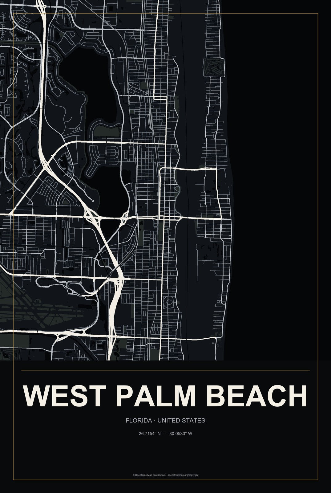 West Palm Beach, Florida City Map Aluminum Sign in Metropolitan Noir style