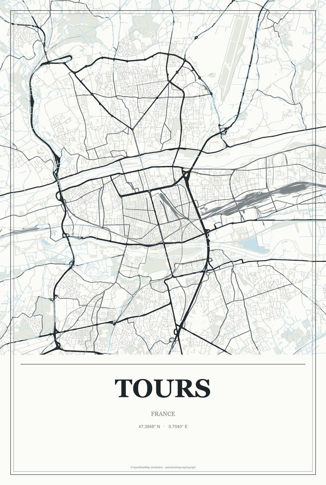 Tours, France City Map Aluminum Sign in Gallery Air style