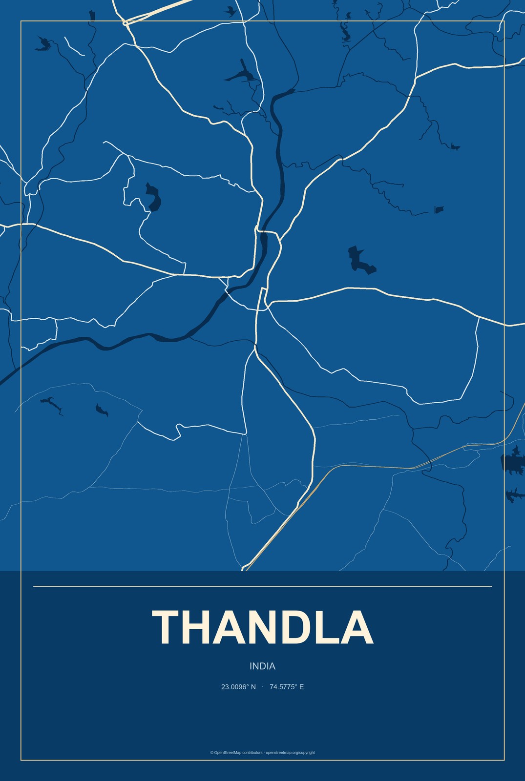 Thandla, India City Map Aluminum Sign in Harbor Cobalt style