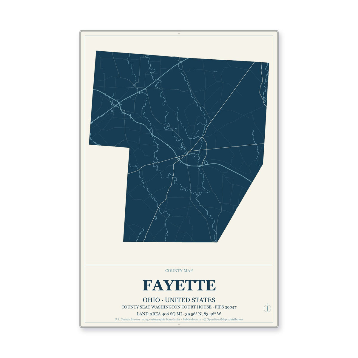 Fayette County, Ohio Map Aluminum Sign in Coastal Cutout style