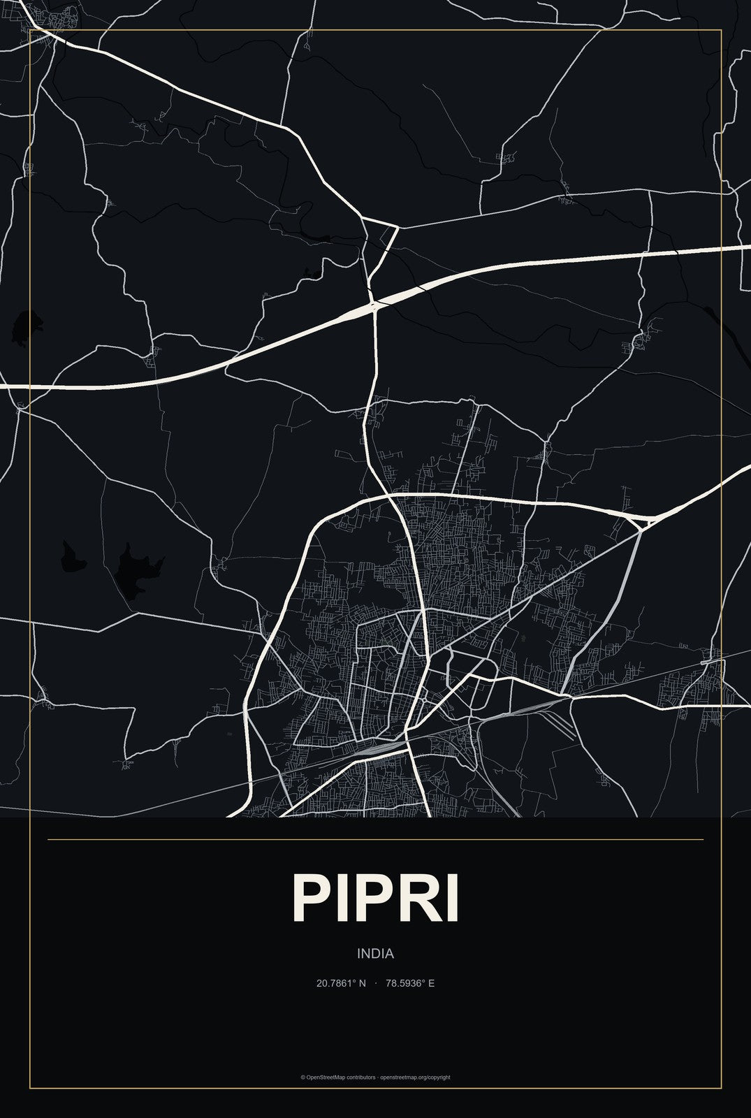 Pipri, India City Map Aluminum Sign in Metropolitan Noir style