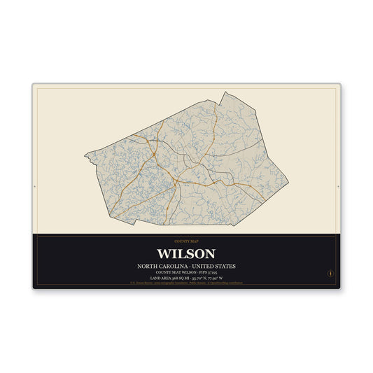 Wilson County, North Carolina Map Aluminum Sign in Museum Plaque style
