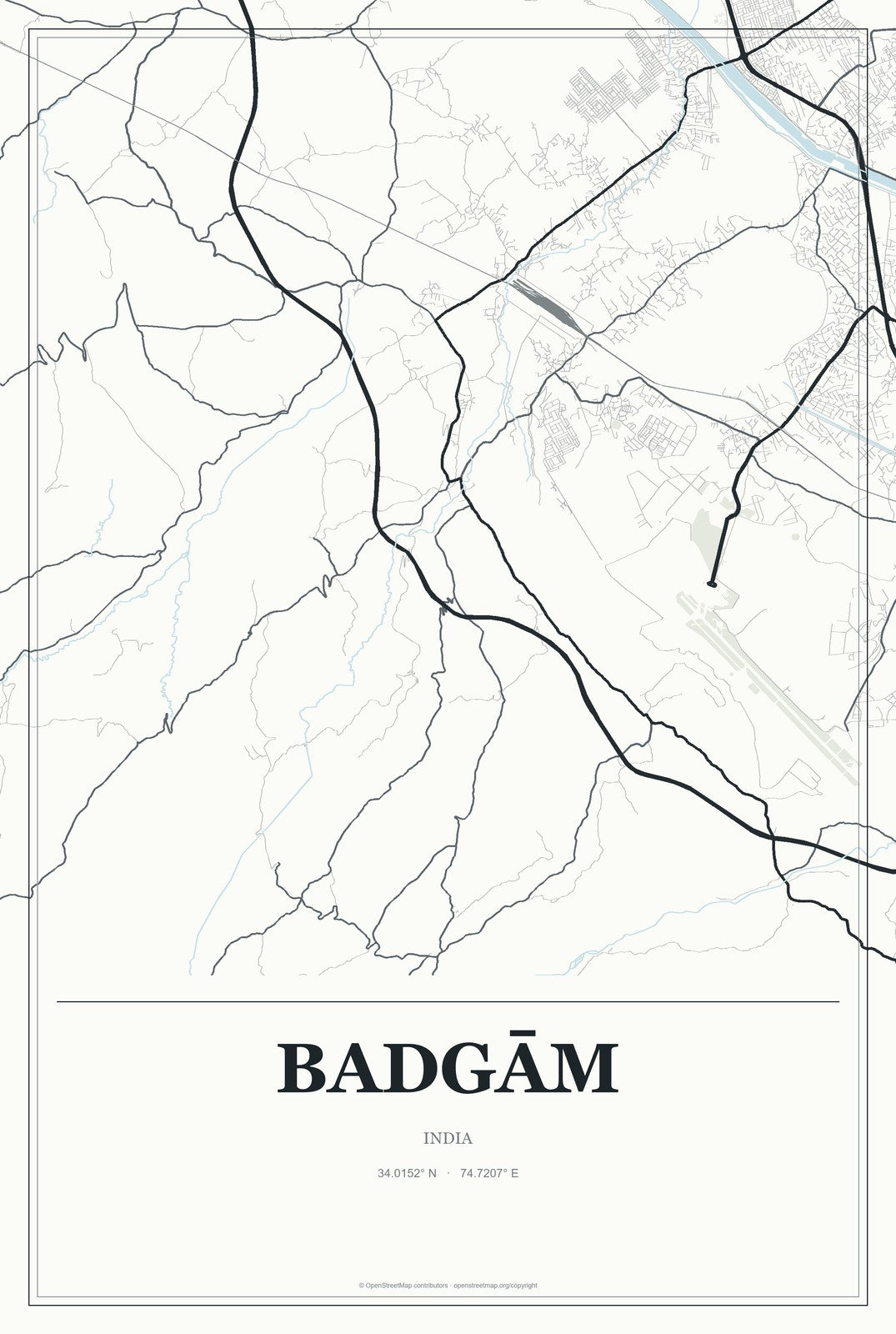 Badgām, India City Map Aluminum Sign in Gallery Air style