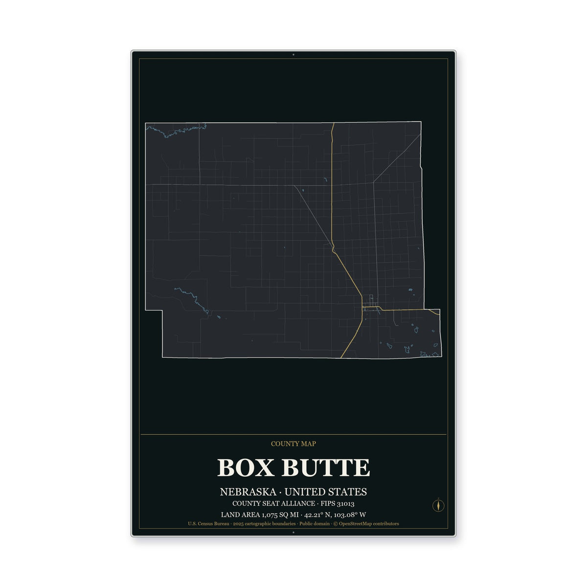 Box Butte County, Nebraska Map Aluminum Sign in Metropolitan Noir style