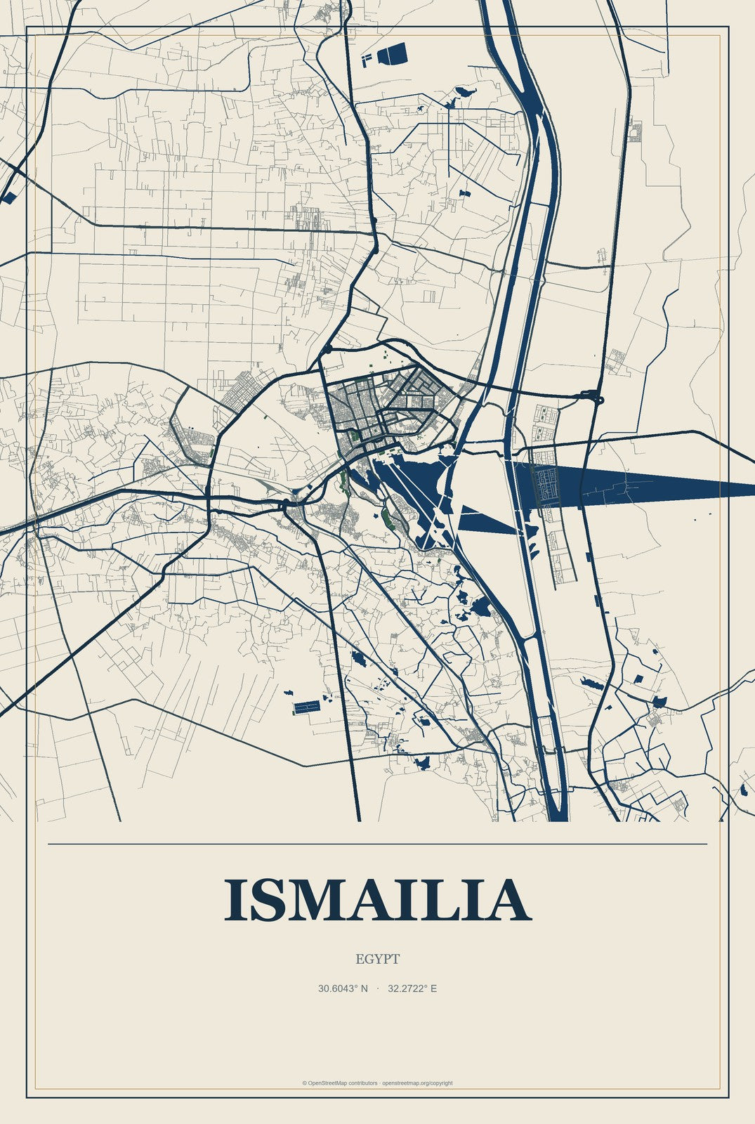 Ismailia, Egypt City Map Aluminum Sign in Coastal Cutout style
