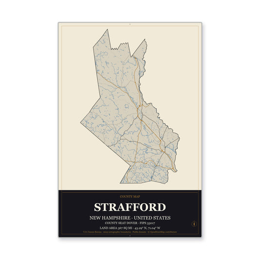 Strafford County, New Hampshire Map Aluminum Sign in Museum Plaque style