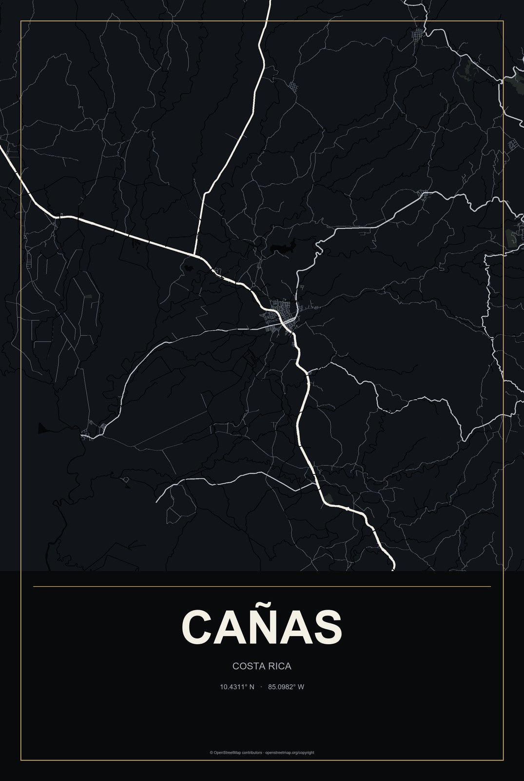 Cañas, Costa Rica City Map Aluminum Sign in Metropolitan Noir style