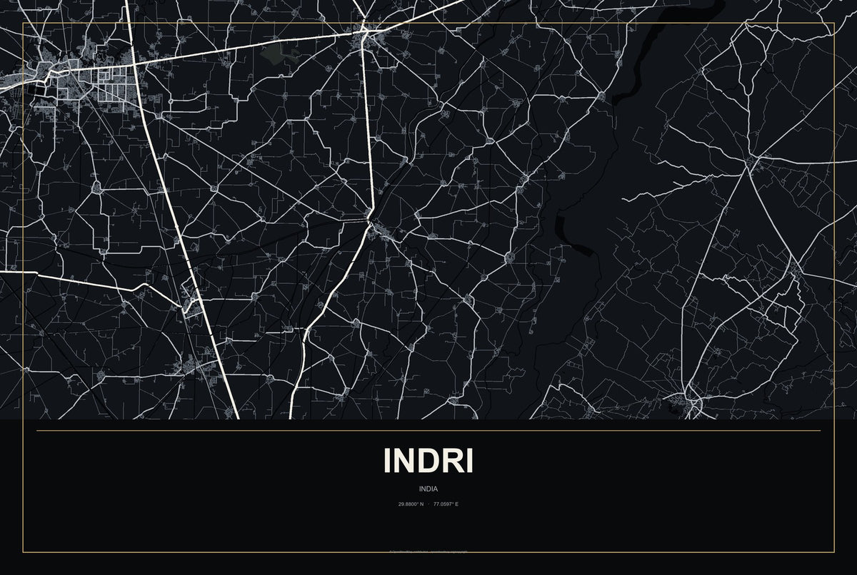 Indri, India City Map Aluminum Sign in Metropolitan Noir style