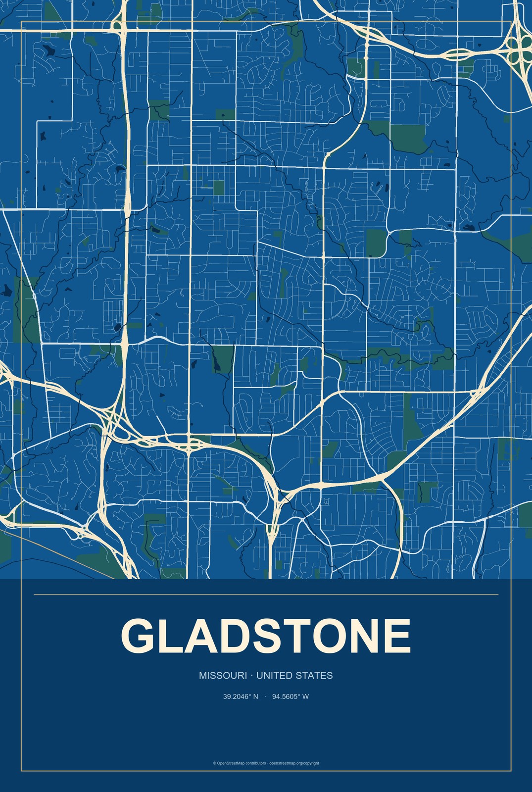 Gladstone, Missouri City Map Aluminum Sign in Harbor Cobalt style