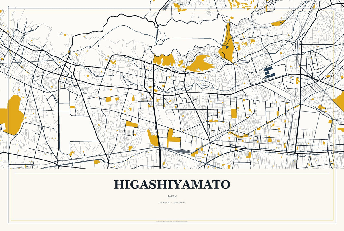 Higashiyamato, Japan City Map Aluminum Sign in Citrine Modern style