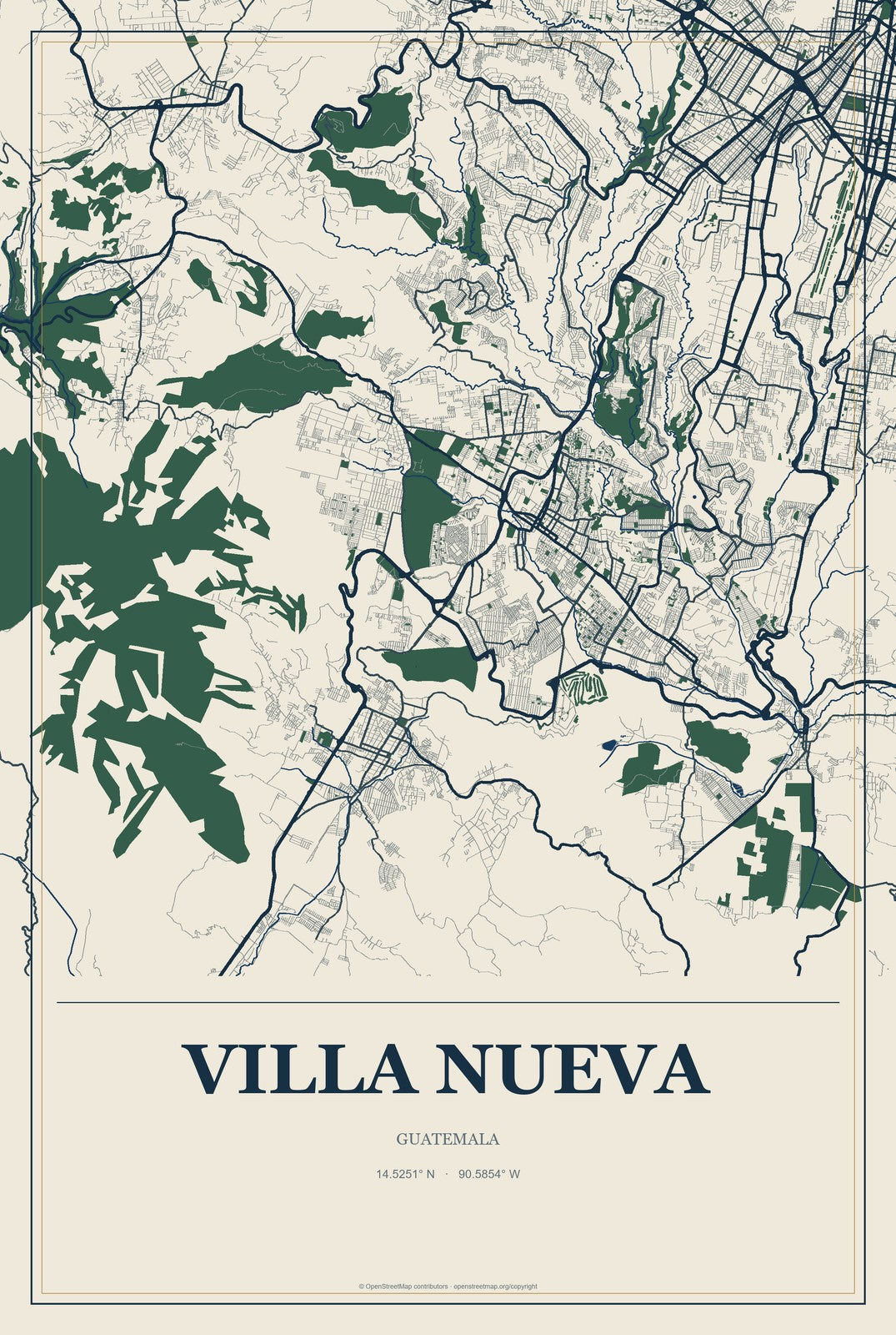 Villa Nueva, Guatemala City Map Aluminum Sign in Coastal Cutout style