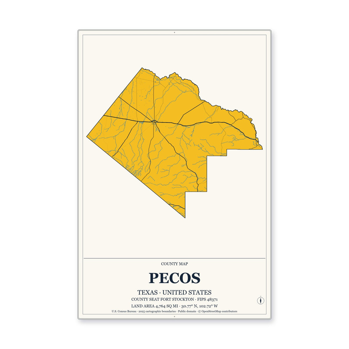 Pecos County, Texas Map Aluminum Sign in Citrine Modern style