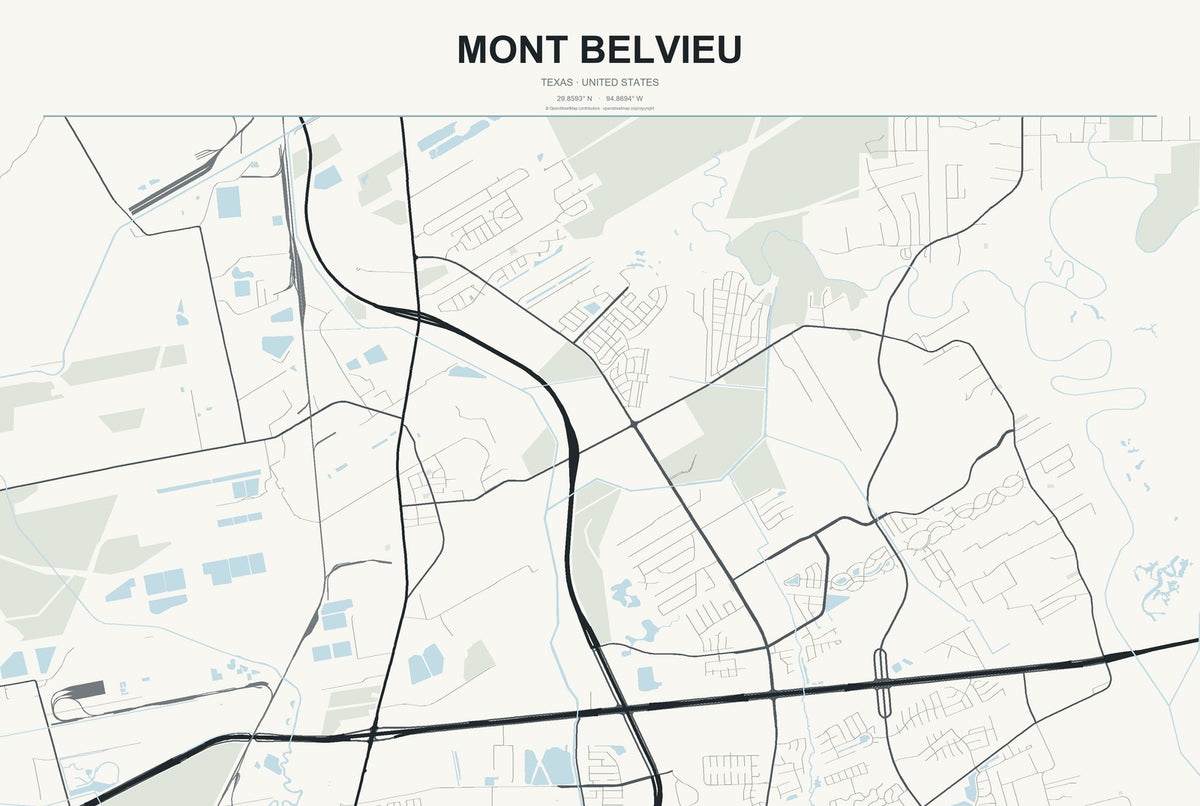 Mont Belvieu, Texas City Map Aluminum Sign in Headline Atlas style