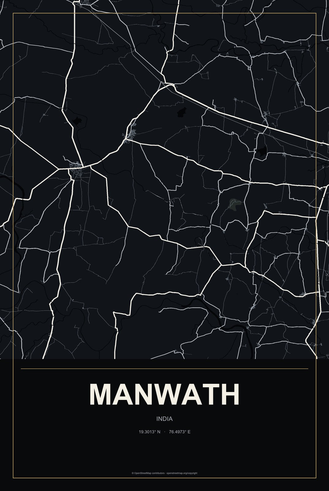 Manwath, India City Map Aluminum Sign in Metropolitan Noir style