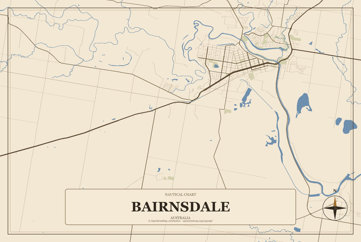 Bairnsdale, Australia City Map Aluminum Sign in Heritage Nautical style
