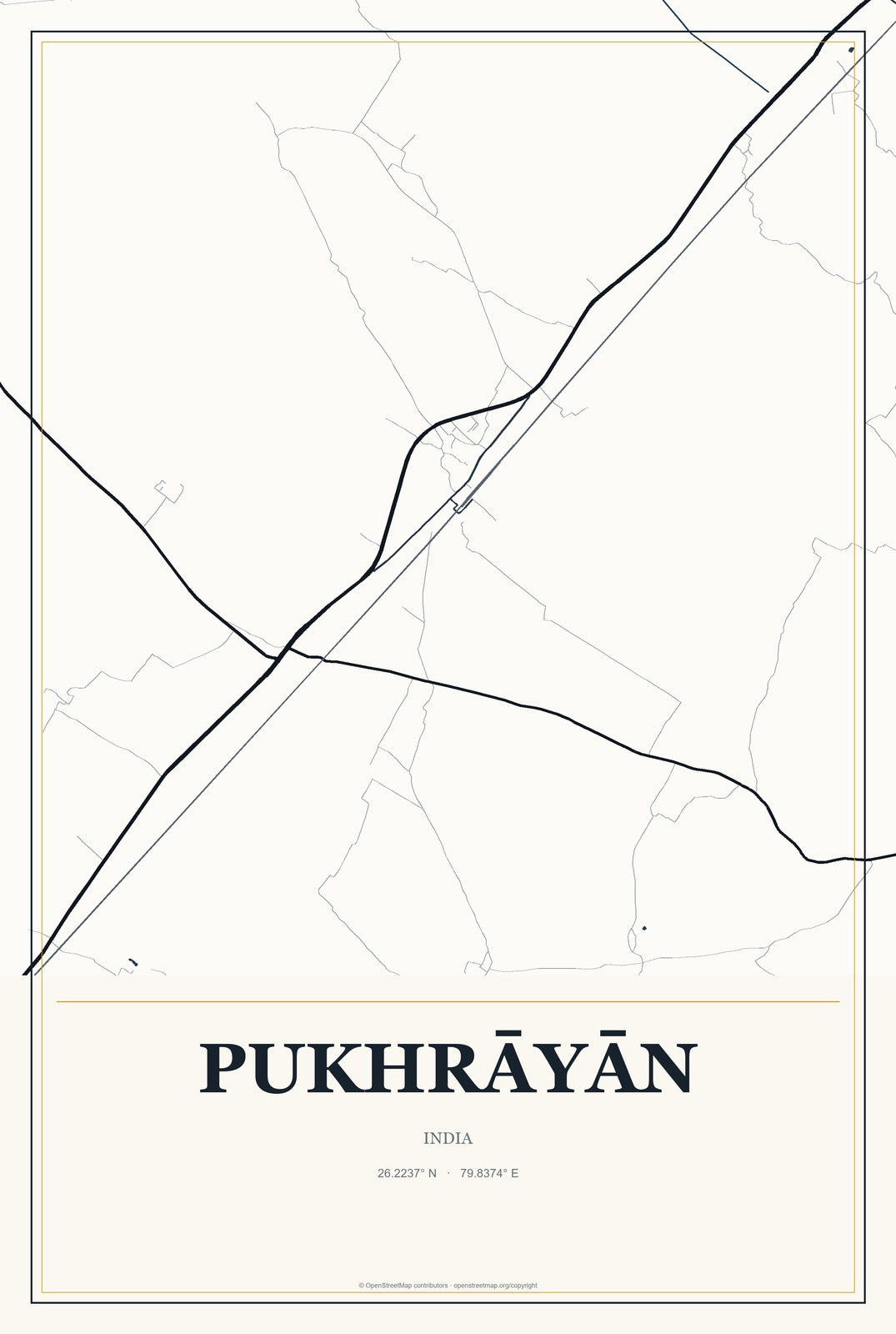 Pukhrāyān, India City Map Aluminum Sign in Citrine Modern style