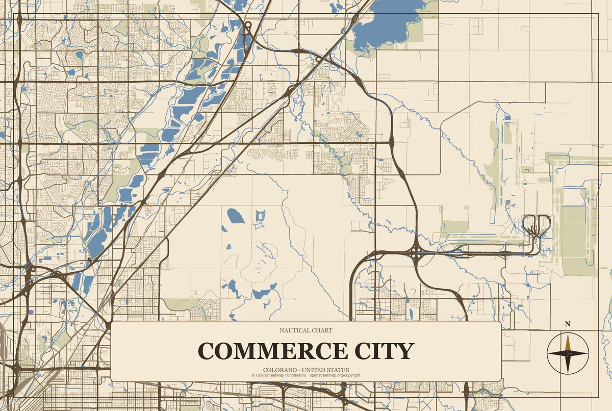 Commerce City, Colorado City Map Aluminum Sign in Heritage Nautical style