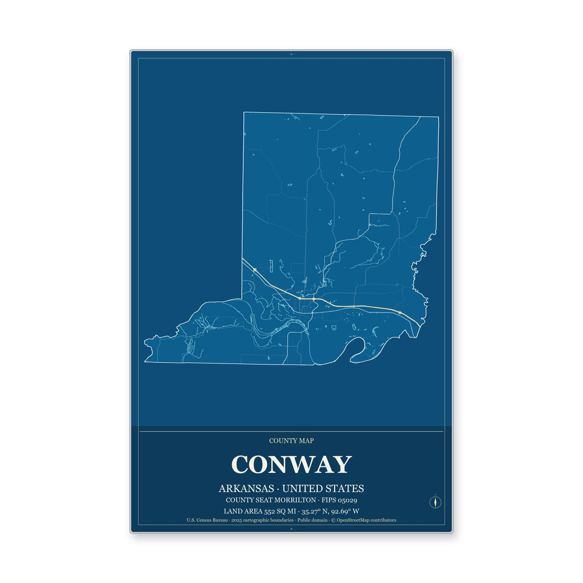 Conway County, Arkansas Map Aluminum Sign in Harbor Cobalt style