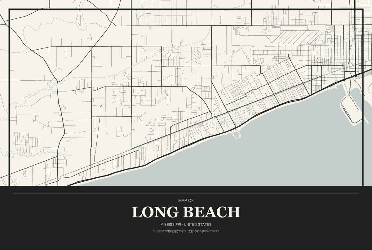 Long Beach, Mississippi City Map Aluminum Sign in Museum Plaque style