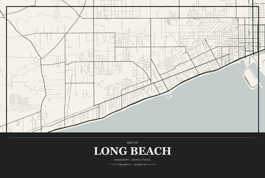 Long Beach, Mississippi City Map Aluminum Sign in Museum Plaque style
