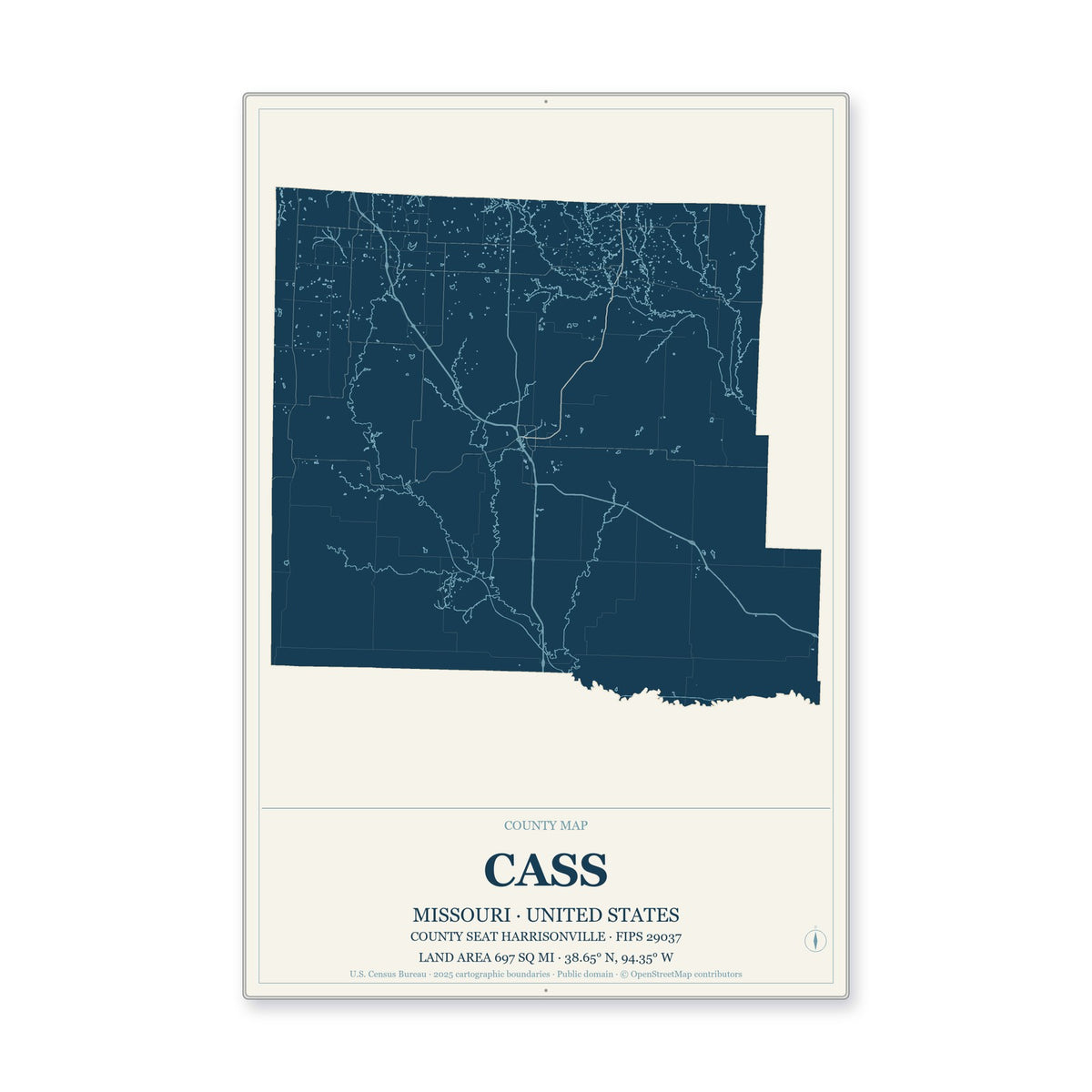Cass County, Missouri Map Aluminum Sign in Coastal Cutout style