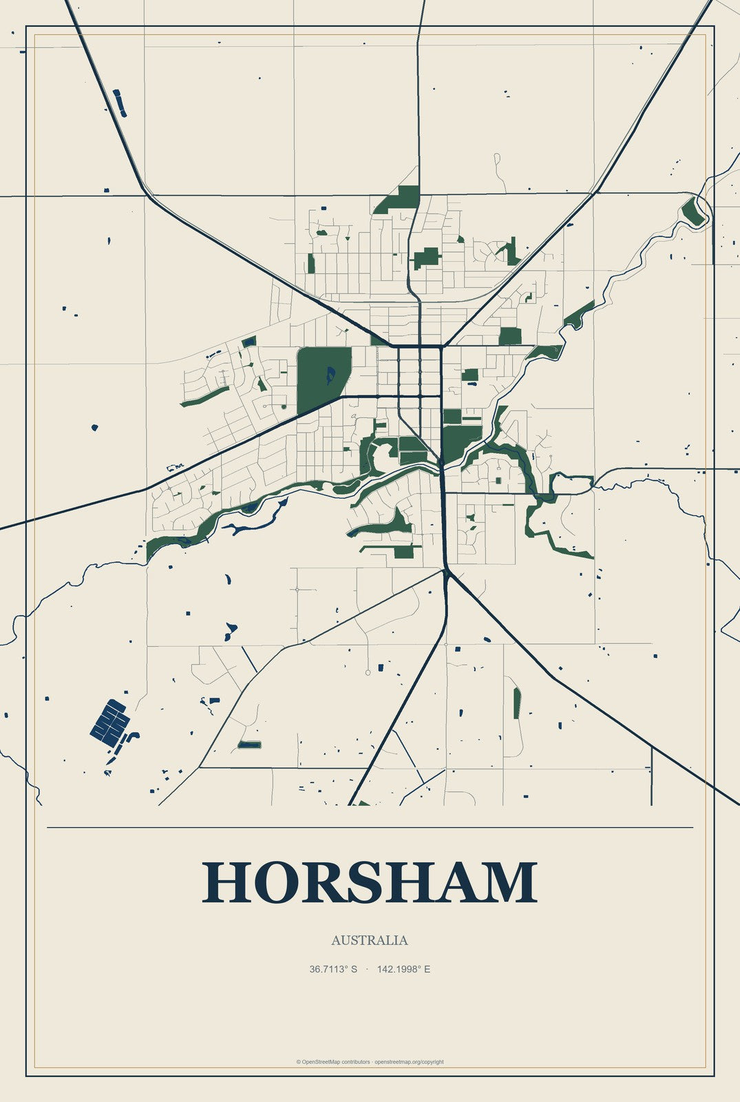 Horsham, Australia City Map Aluminum Sign in Coastal Cutout style