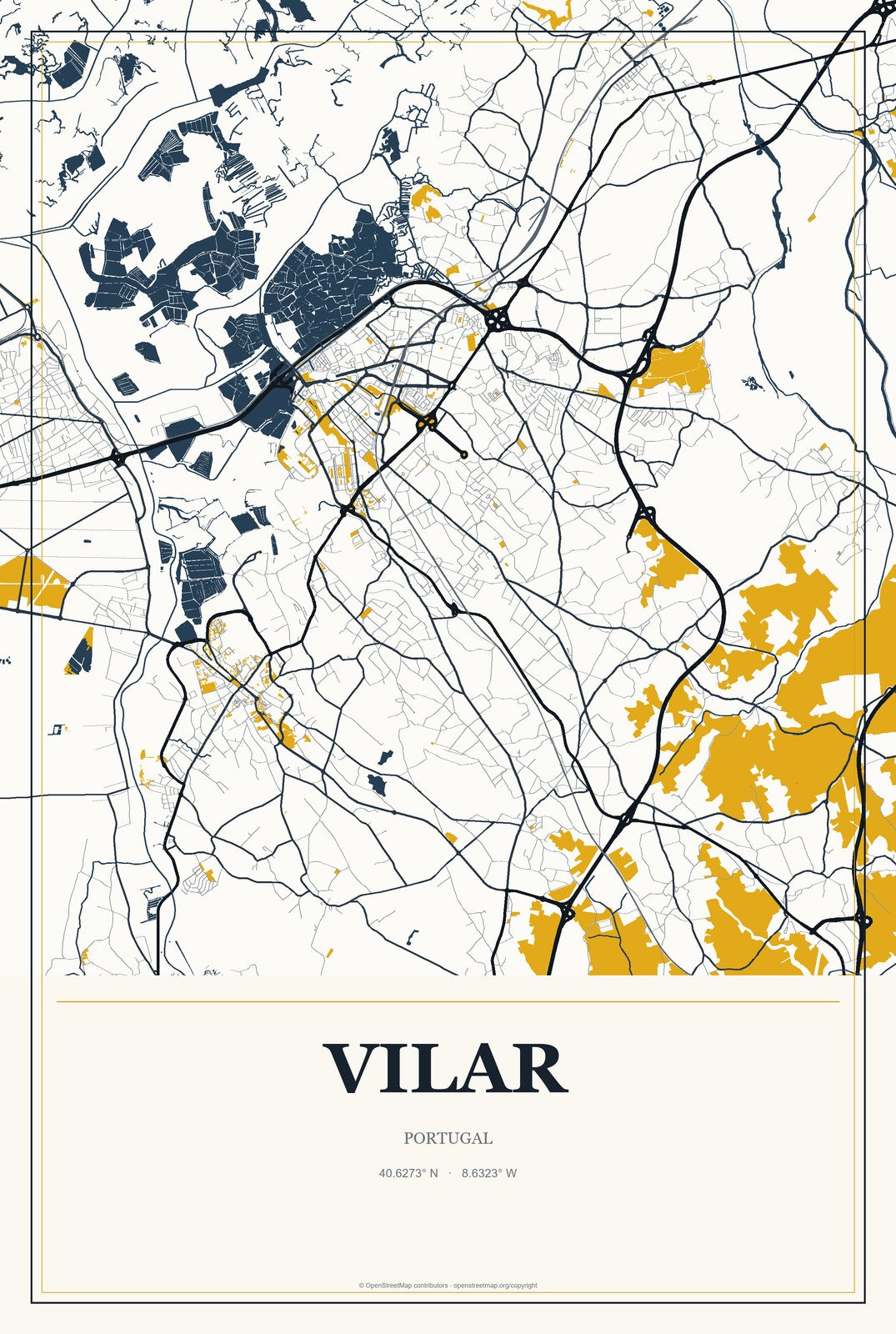 Vilar, Portugal City Map Aluminum Sign in Citrine Modern style