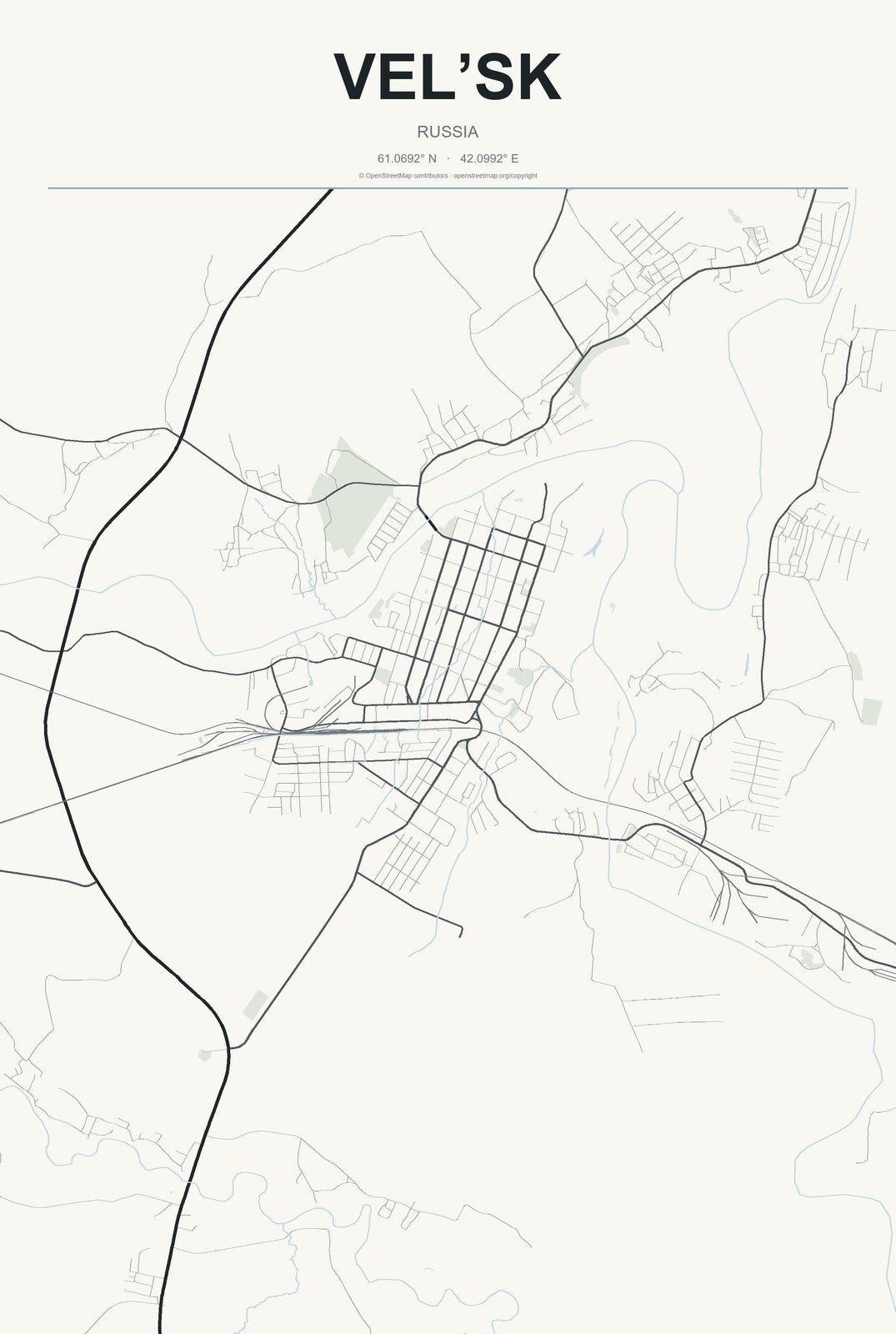 Vel’sk, Russia City Map Aluminum Sign in Headline Atlas style