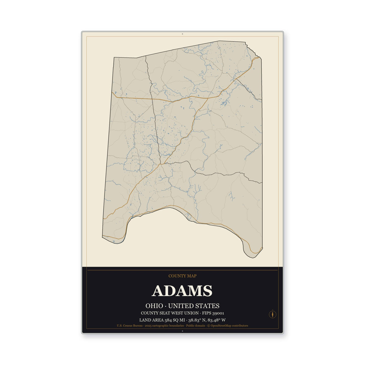 Adams County, Ohio Map Aluminum Sign in Museum Plaque style