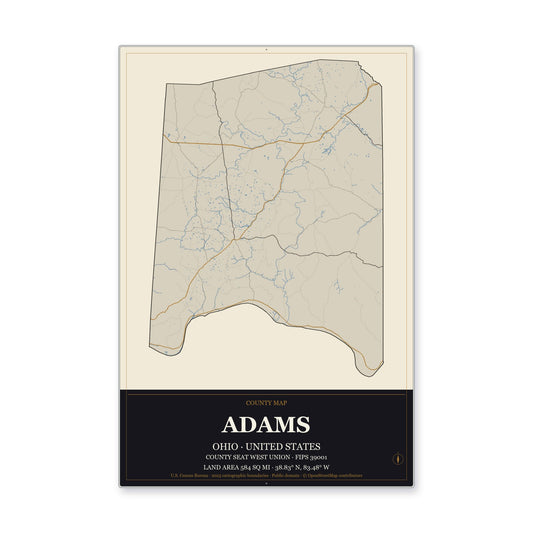 Adams County, Ohio Map Aluminum Sign in Museum Plaque style
