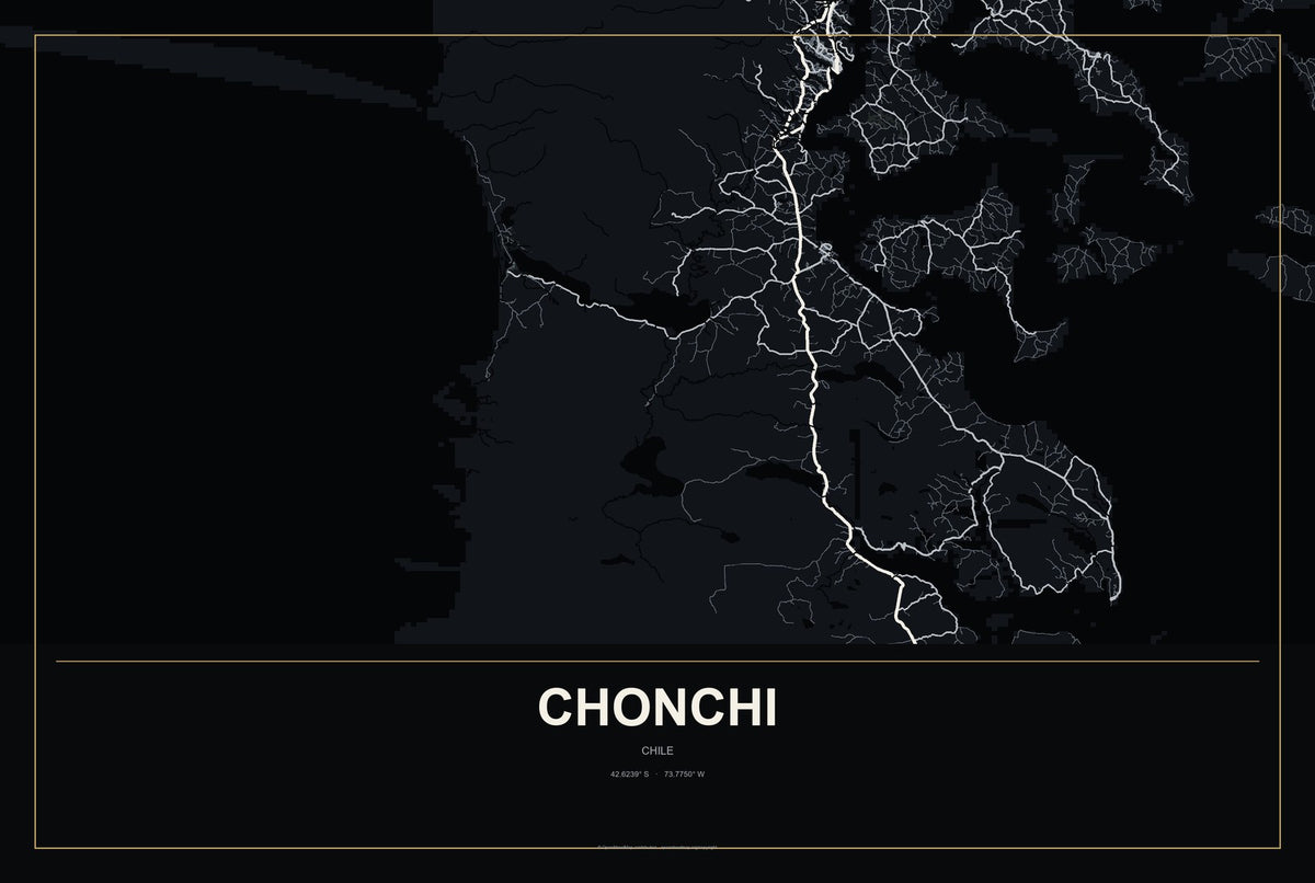 Chonchi, Chile City Map Aluminum Sign in Metropolitan Noir style