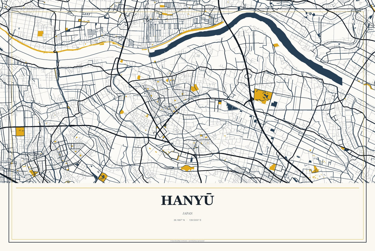 Hanyū, Japan City Map Aluminum Sign in Citrine Modern style