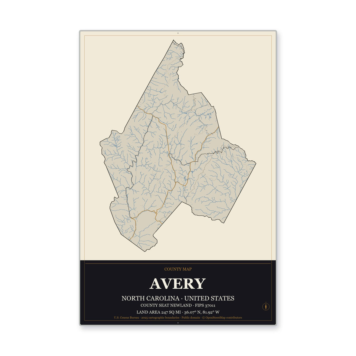 Avery County, North Carolina Map Aluminum Sign in Museum Plaque style