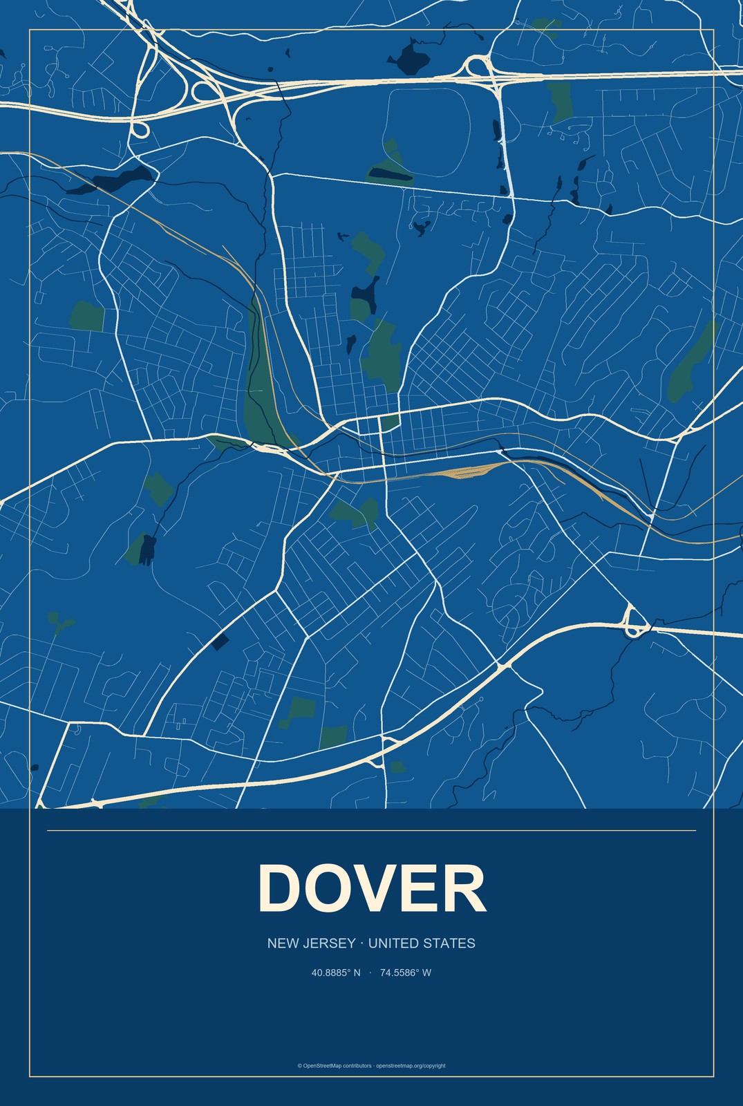 Dover, New Jersey City Map Aluminum Sign in Harbor Cobalt style