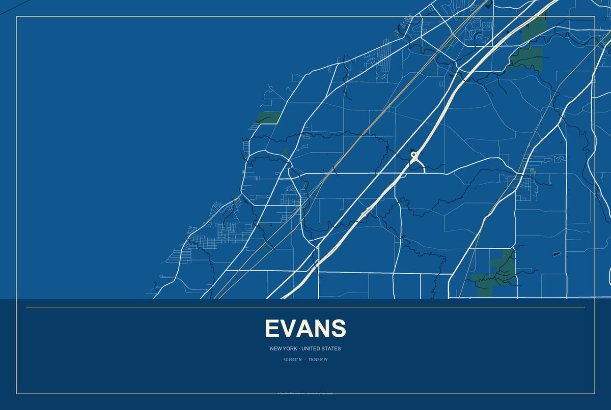 Evans, New York City Map Aluminum Sign in Harbor Cobalt style