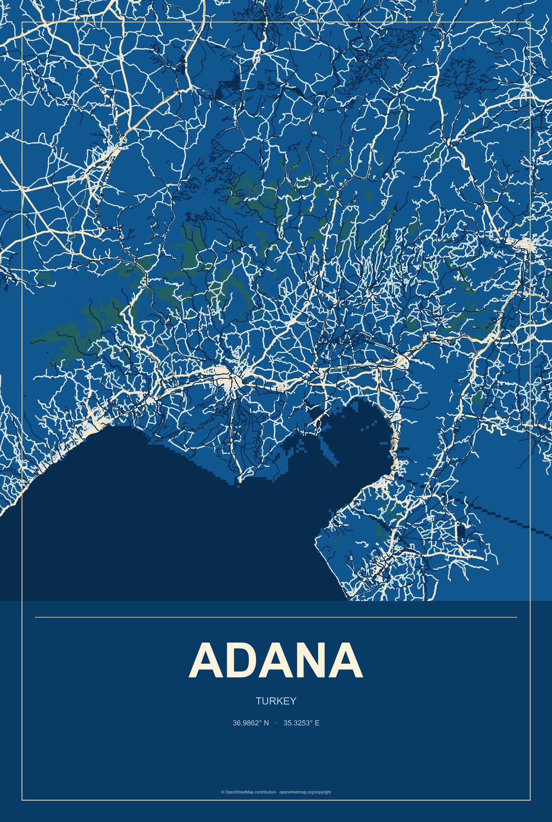 Adana, Turkey City Map Aluminum Sign in Harbor Cobalt style