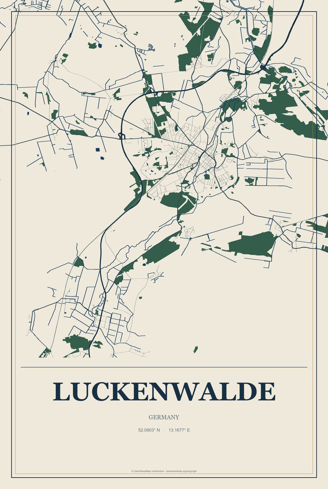 Luckenwalde, Germany City Map Aluminum Sign in Coastal Cutout style