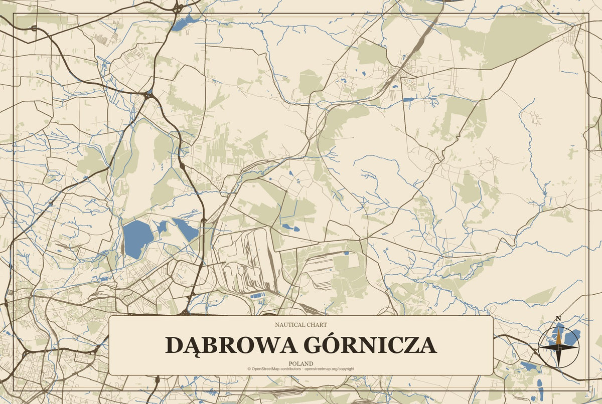 Dąbrowa Górnicza, Poland City Map Aluminum Sign in Heritage Nautical style