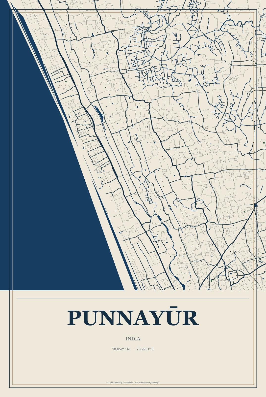 Punnayūr, India City Map Aluminum Sign in Coastal Cutout style
