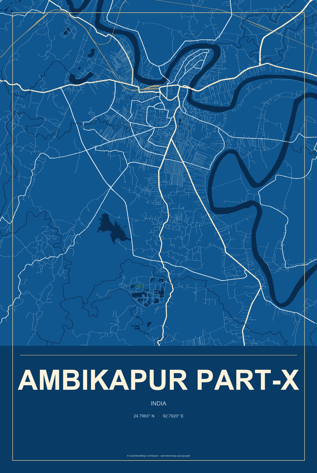 Ambikapur Part-X, India City Map Aluminum Sign in Harbor Cobalt style