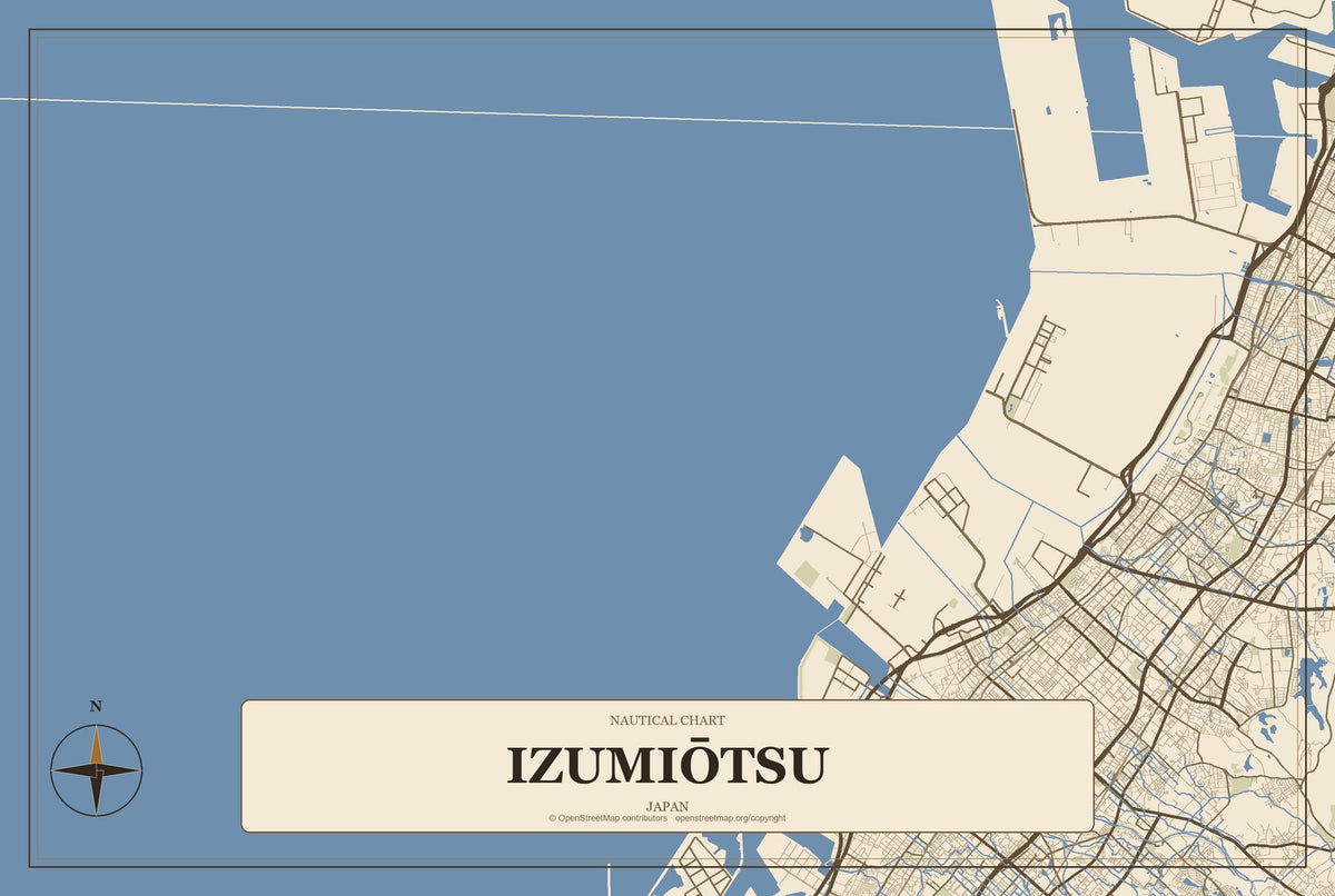 Izumiōtsu, Japan City Map Aluminum Sign in Heritage Nautical style