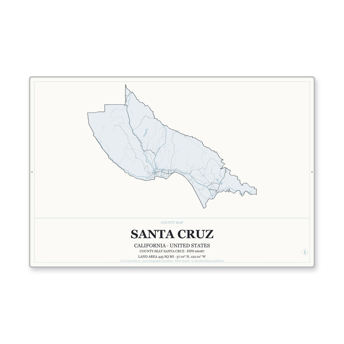 Santa Cruz County, California Map Aluminum Sign in Gallery Air style