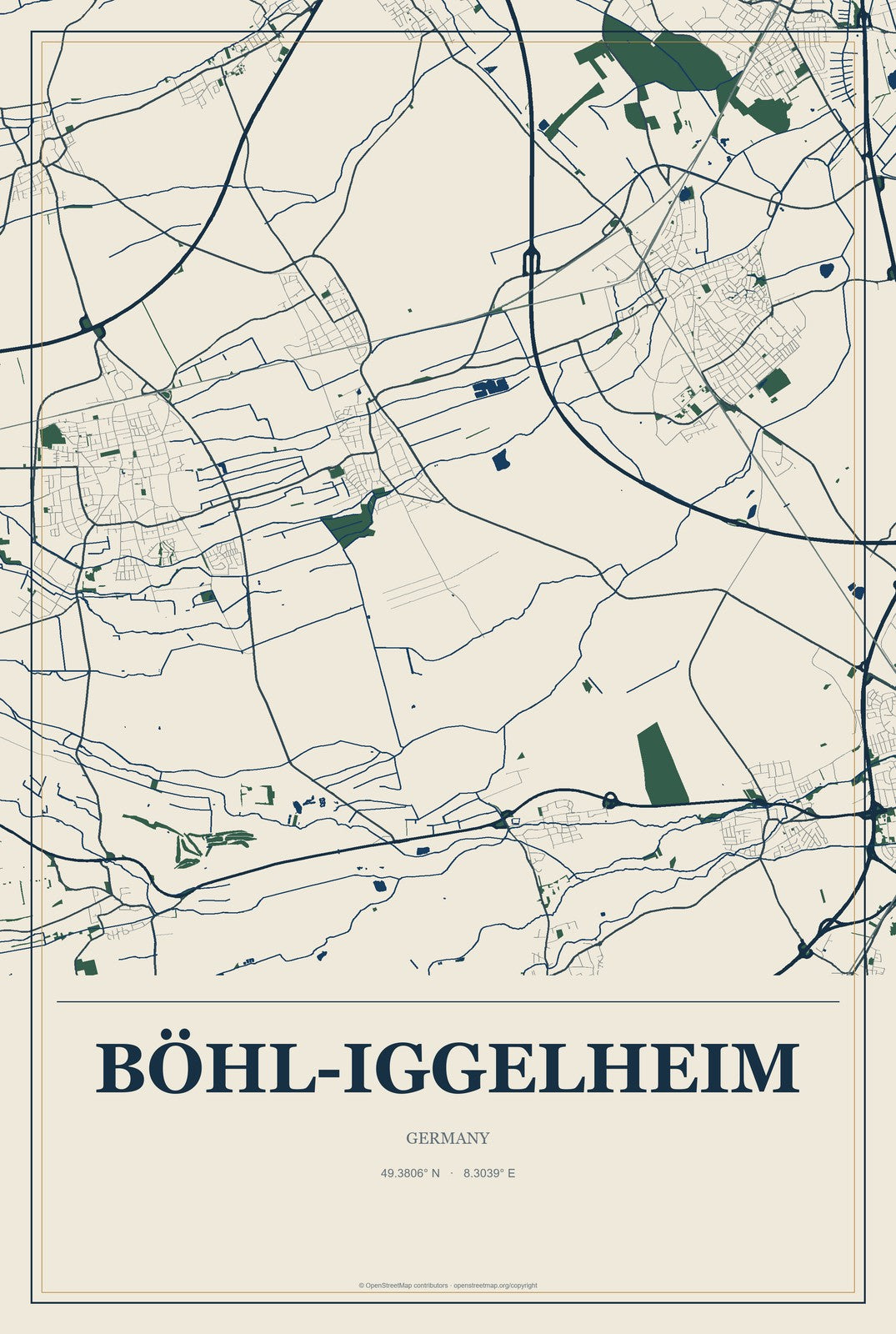 Böhl-Iggelheim, Germany City Map Aluminum Sign in Coastal Cutout style