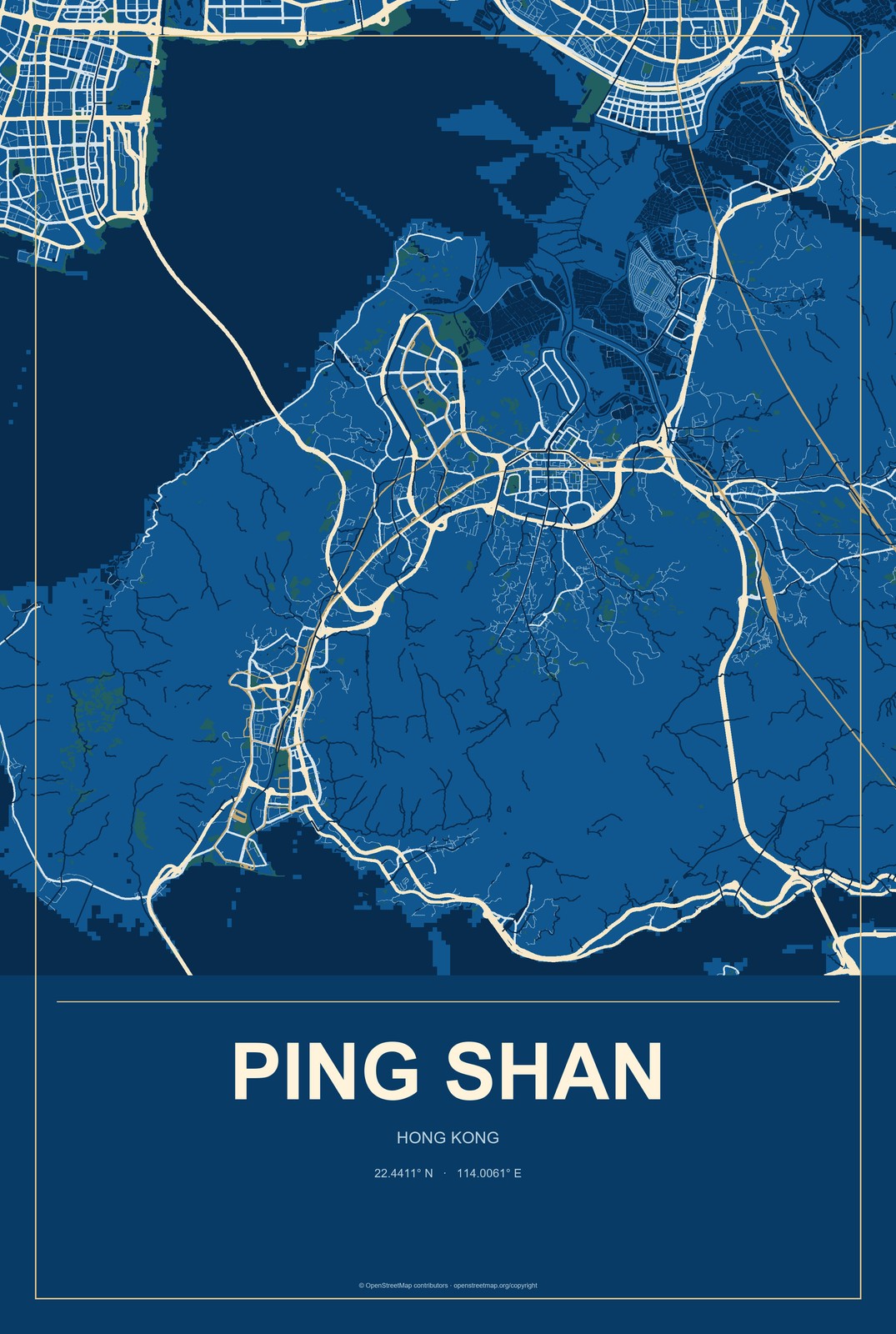 Ping Shan, Hong Kong City Map Aluminum Sign in Harbor Cobalt style