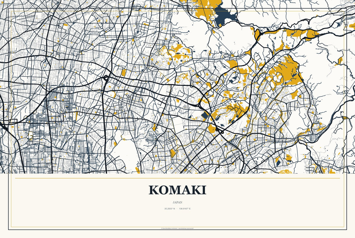 Komaki, Japan City Map Aluminum Sign in Citrine Modern style