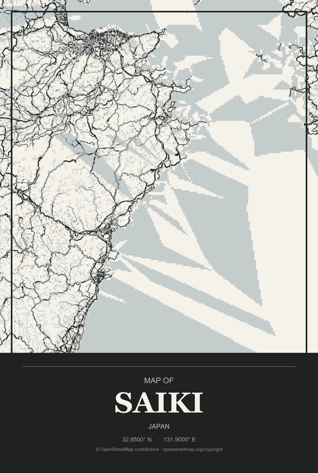 Saiki, Japan City Map Aluminum Sign in Museum Plaque style