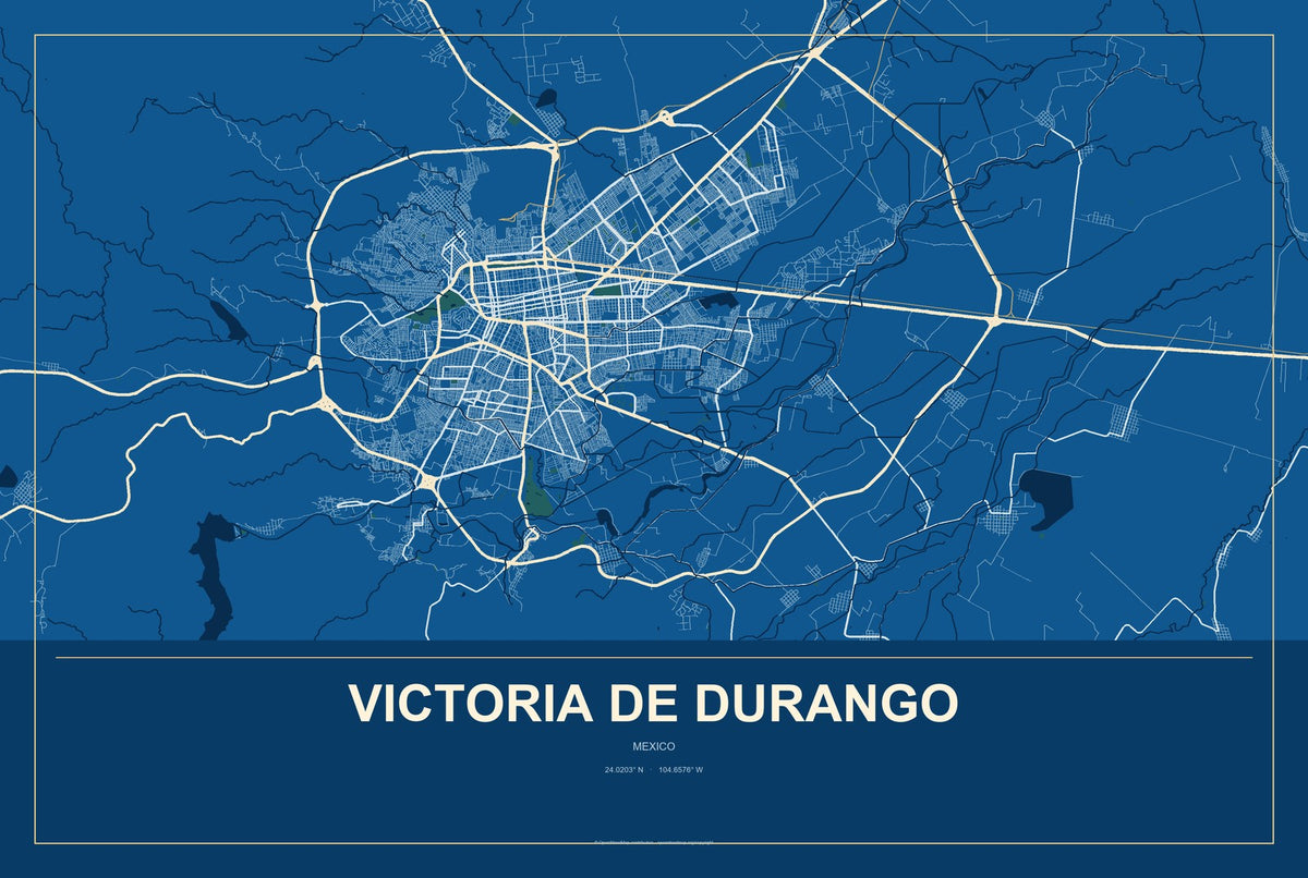 Victoria de Durango, Mexico City Map Aluminum Sign in Harbor Cobalt style