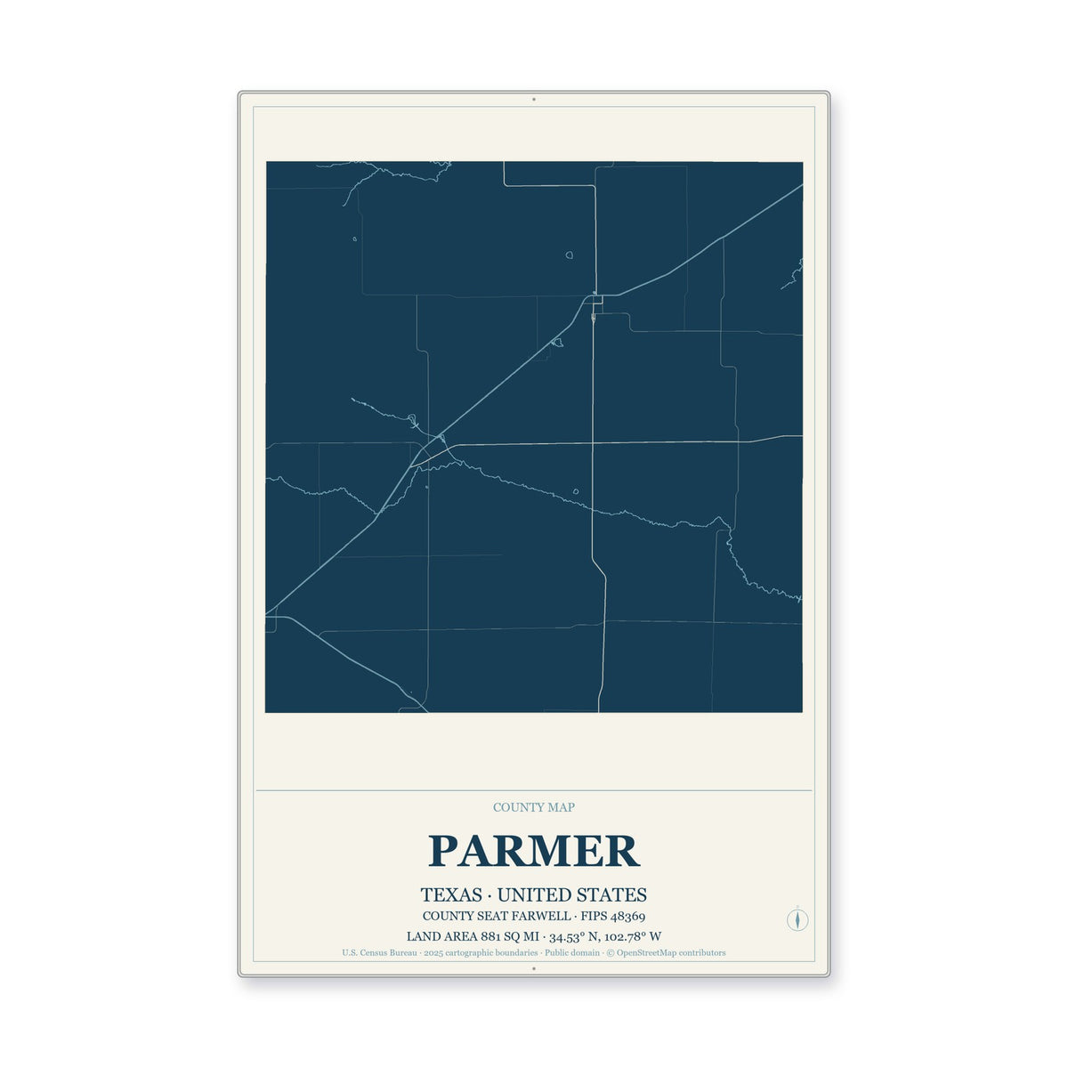 Parmer County, Texas Map Aluminum Sign in Coastal Cutout style