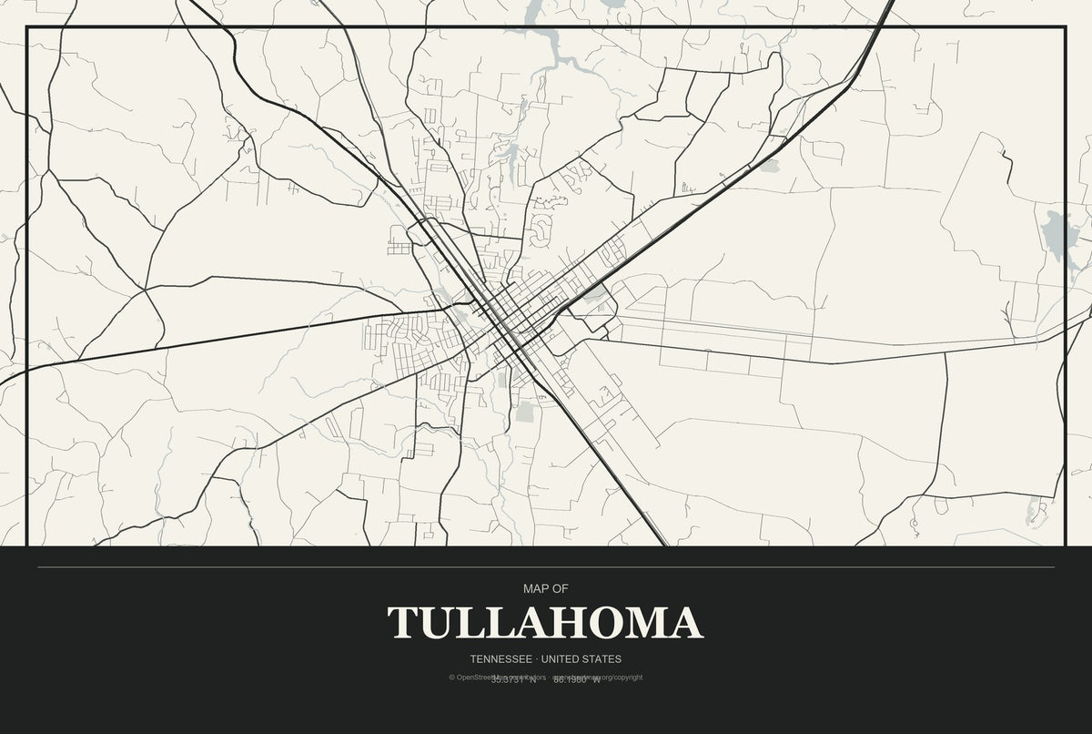 Tullahoma, Tennessee City Map Aluminum Sign in Museum Plaque style